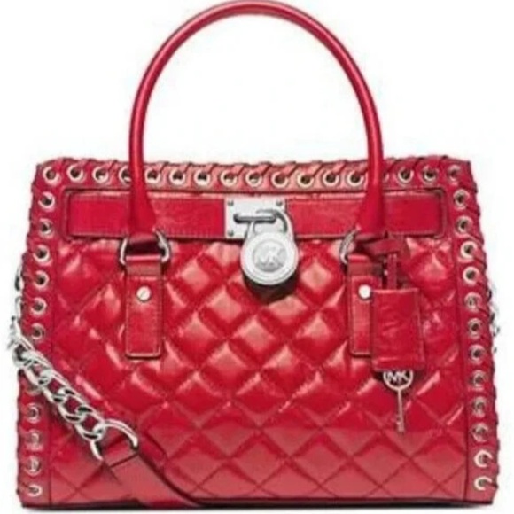 MICHAEL KORS HAMILTON HIPPIE GROMMET DARK RED QUILTED LEATHER SATCHEL BAG - Picture 2 of 14